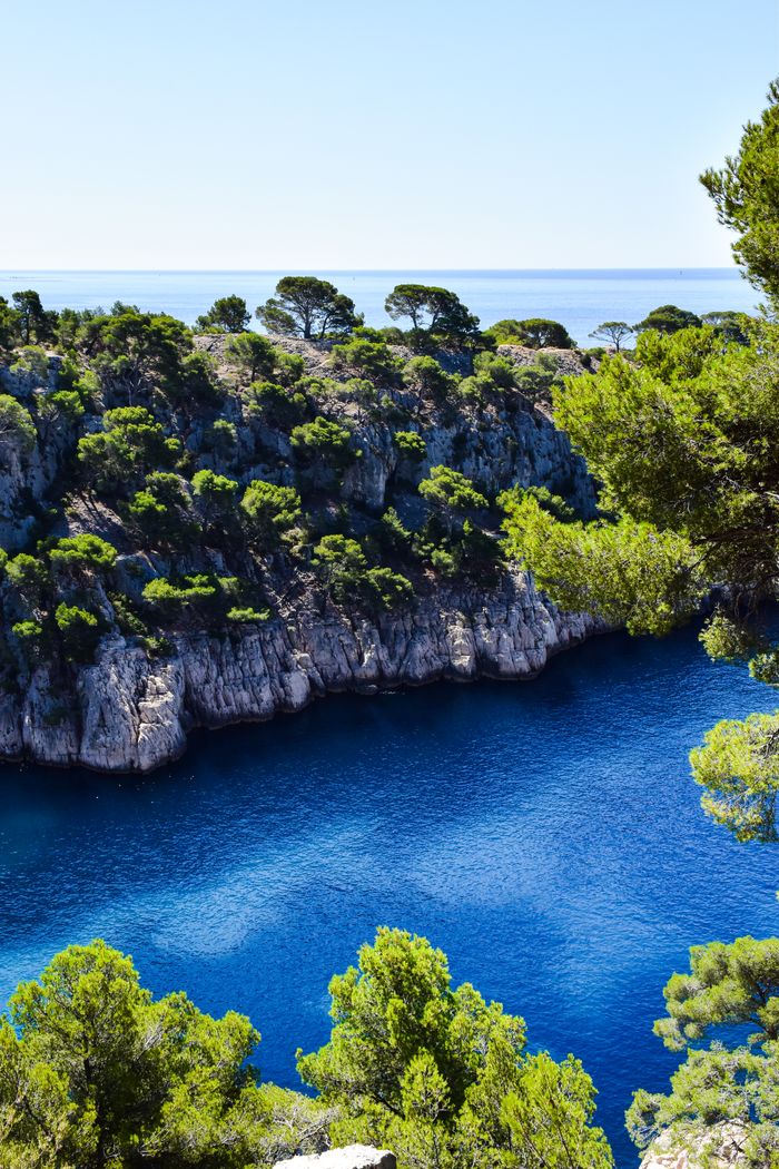 Explore the stunning Calanques with deep blue waters and lush greenery in Provence-Alpes-Côte d'Azur, France.
